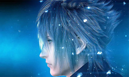 A captivating HD desktop wallpaper featuring a character from Final Fantasy XV, showcasing a serene profile against a dreamy blue background with sparkling elements.