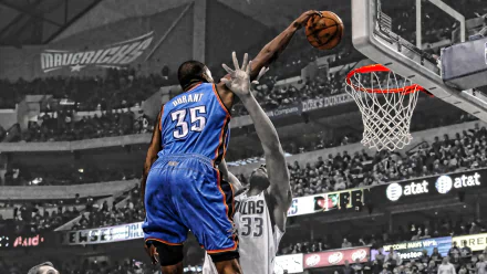 HD wallpaper of basketball player Kevin Durant in a blue jersey, number 35, shooting a basket during a game.