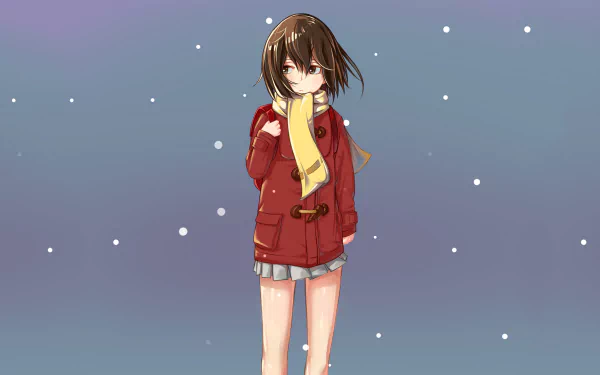 A serene HD wallpaper featuring Kayo Hinazuki from Boku Dake Ga Inai Machi (Erased), wearing a red coat and yellow scarf, amidst gently falling snowflakes.