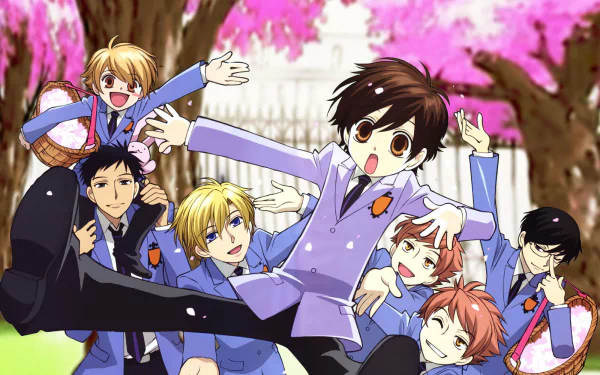 HD wallpaper featuring the characters of Ouran High School Host Club with cherry blossoms in the background.