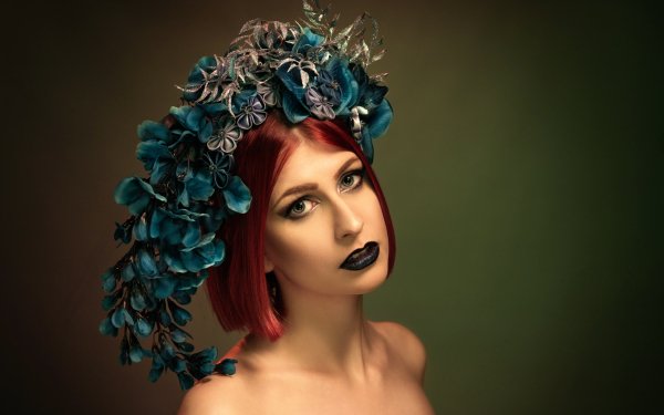Women Artistic Model Face Lipstick Green Eyes Red Hair Flower HD Wallpaper | Background Image