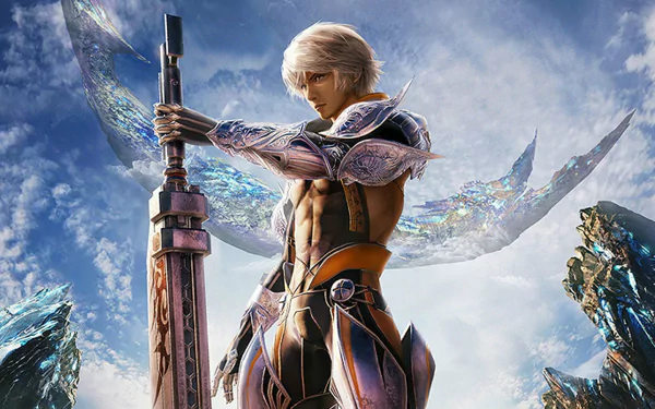 HD PC desktop wallpaper of Wol from Mobius Final Fantasy, featuring detailed armor and a large sword against a cloudy sky background in a video game setting.
