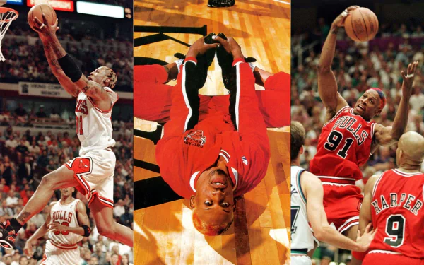 Dynamic HD wallpaper featuring Dennis Rodman in action with the Chicago Bulls, showcasing his iconic basketball moves and unique style on the court.