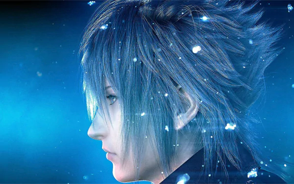 A captivating HD desktop wallpaper featuring a character from Final Fantasy XV, showcasing a serene profile against a dreamy blue background with sparkling elements.