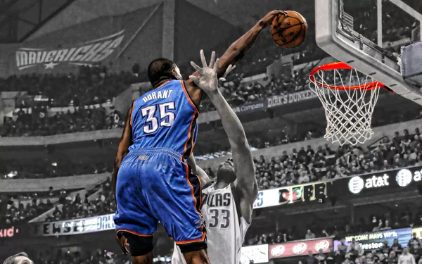 HD wallpaper of basketball player Kevin Durant in a blue jersey, number 35, shooting a basket during a game.