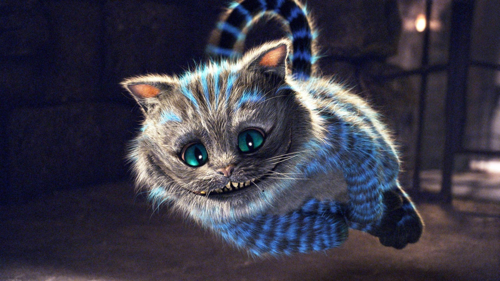 Cheshire Cat from the movie Alice in Wonderland (2010) grinning and floating in a dim scene — 4K Ultra HD PC desktop wallpaper and background.