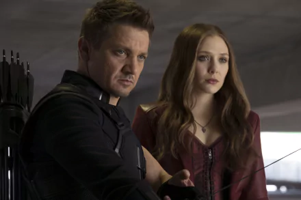 HD desktop wallpaper featuring Elizabeth Olsen as Scarlet Witch and Jeremy Renner as Hawkeye from the movie Captain America: Civil War.