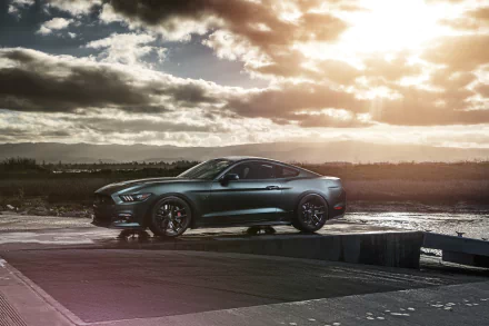 Ford Mustang GT muscle car parked on a wet surface under a dramatic cloudy sky, captured in stunning 8K Ultra HD for PC desktop wallpaper.