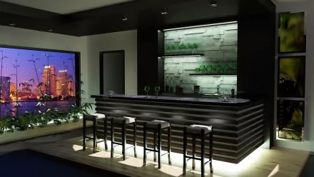 HD desktop wallpaper featuring a modern bar room with sleek glass shelves, a countertop, and five stylish chairs illuminated by ambient lighting.