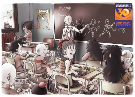 HD desktop wallpaper of a classroom scene with Dragon Ball characters Vegeta, Yajirobe, Krillin, Goku, and Master Roshi. The characters are attending a lesson, celebrating Dragon Ball Z's 30th anniversary.