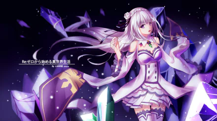 HD desktop wallpaper featuring Emilia from the anime Re:Zero - Starting Life in Another World. She stands gracefully surrounded by glowing crystals against a dark, starry background.
