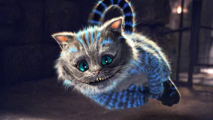 Cheshire Cat from the movie Alice in Wonderland (2010) grinning and floating in a dim scene — 4K Ultra HD PC desktop wallpaper and background.
