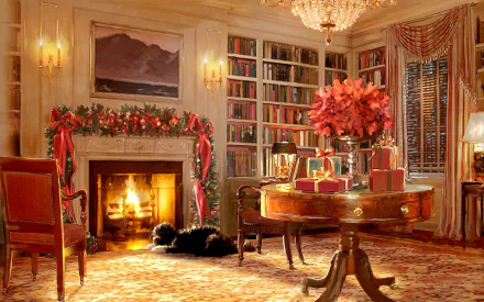 HD PC desktop wallpaper of a cozy holiday living room featuring a decorated fireplace, a dog resting by the fire, festive gifts, and Christmas-themed decor.