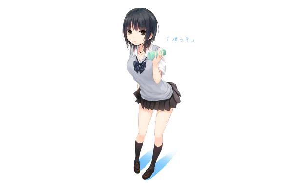 A character with black hair and short hair wears a school uniform featuring a skirt and socks, holding a bow. This HD anime artwork serves as a vibrant desktop wallpaper.