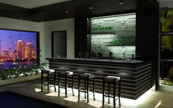 HD desktop wallpaper featuring a modern bar room with sleek glass shelves, a countertop, and five stylish chairs illuminated by ambient lighting.