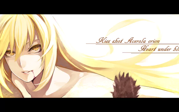 A striking HD wallpaper featuring Shinobu Oshino from the Monogatari series, showcasing her iconic look and captivating expression as Kiss-shot Acerola-orion Heart-under-blade.