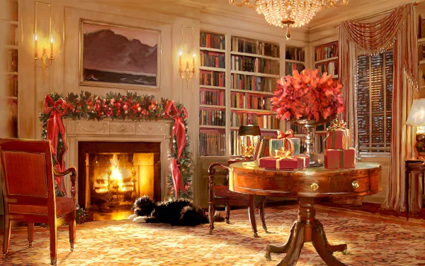 HD PC desktop wallpaper of a cozy holiday living room featuring a decorated fireplace, a dog resting by the fire, festive gifts, and Christmas-themed decor.