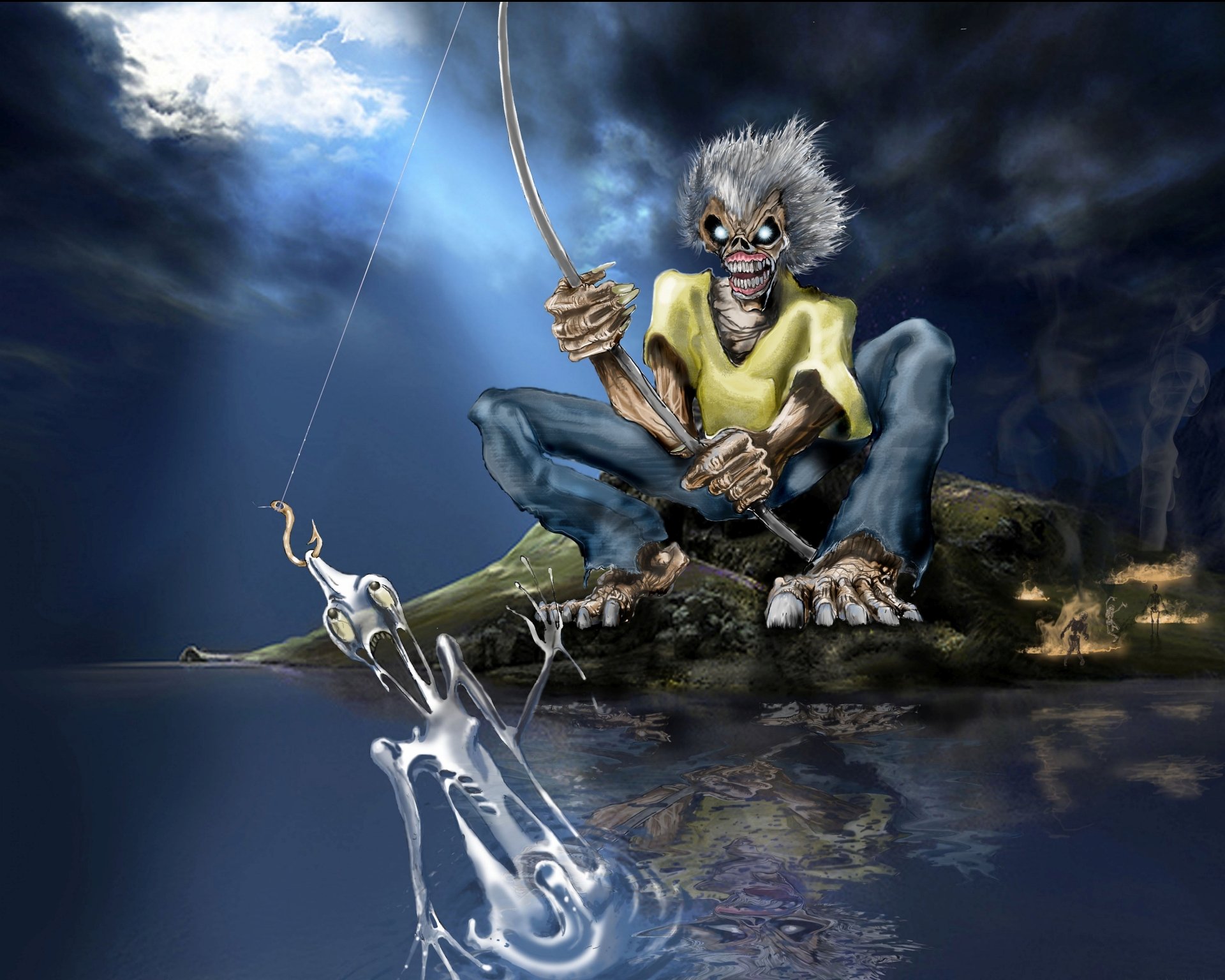 A striking Iron Maiden-themed 4K Ultra HD wallpaper featuring a fierce character fishing, set against a dramatic, dark background with ethereal lighting.