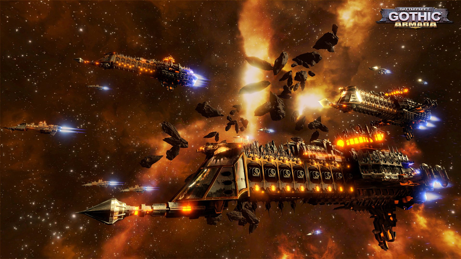 HD wallpaper featuring spaceships engaged in a Battlefleet Gothic: Armada space battle with fiery explosions and cosmic backdrop.