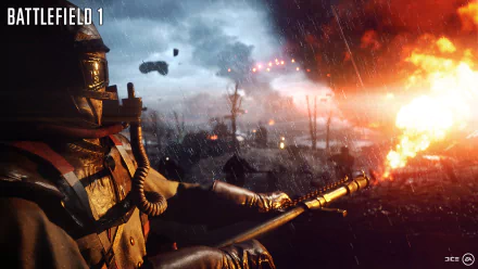 HD desktop wallpaper of Battlefield 1 showcasing an intense war scene with a soldier in action amidst explosions and a stormy sky.