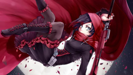 HD PC desktop wallpaper featuring Ruby Rose from the anime RWBY, showcasing her dynamic pose with her signature red cloak and weapon against a bold background.