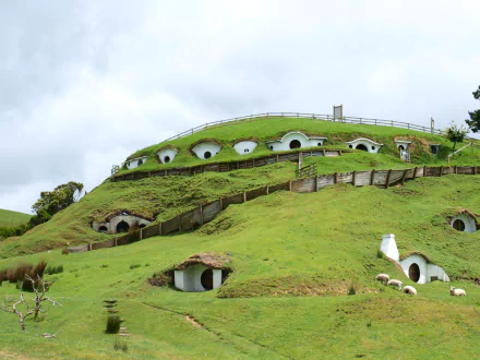 A HD PC desktop wallpaper featuring the man-made, picturesque hillside homes of Hobbiton with round doors and lush green landscapes under a cloudy sky.