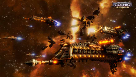 HD wallpaper featuring spaceships engaged in a Battlefleet Gothic: Armada space battle with fiery explosions and cosmic backdrop.