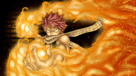 Dynamic HD wallpaper featuring Natsu Dragneel from the anime Fairy Tail, showcasing his fiery powers amidst swirling flames and intense expression.