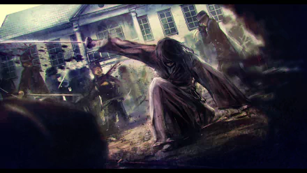 A fierce fantasy scene depicts a long-haired samurai in traditional Japanese clothing, wielding a katana amidst a chaotic battle, with blood and soldiers in a dramatic backdrop.