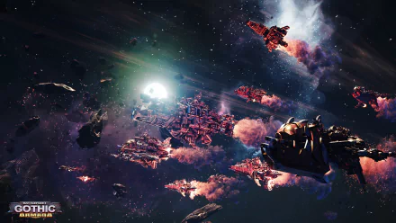 HD desktop wallpaper of Battlefleet Gothic: Armada featuring majestic spaceships amidst space debris and cosmic backdrop.