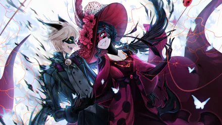HD desktop wallpaper featuring Ladybug and Cat Noir from the TV show Miraculous Ladybug dressed in elaborate costumes with a background of fluttering butterflies.