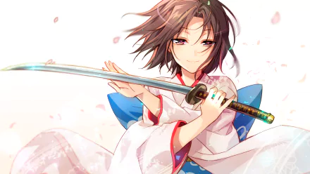 A striking HD wallpaper featuring Shiki Ryougi from Kara no Kyōkai, holding a katana with a confident expression, surrounded by delicate cherry blossom petals.