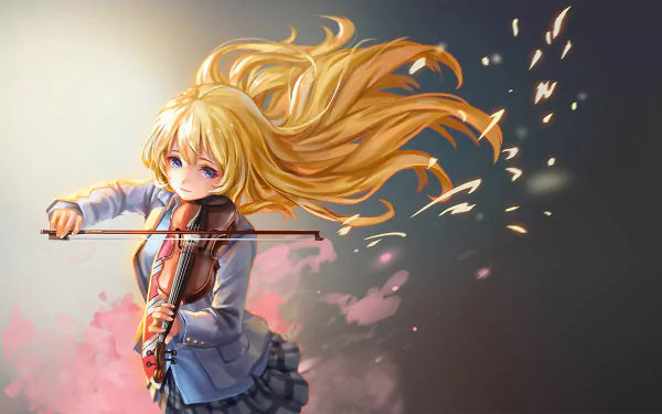 A vibrant HD wallpaper featuring Kaori Miyazono from the anime Your Lie in April, playing violin, her long hair flowing in the air, capturing the essence of music and emotion.