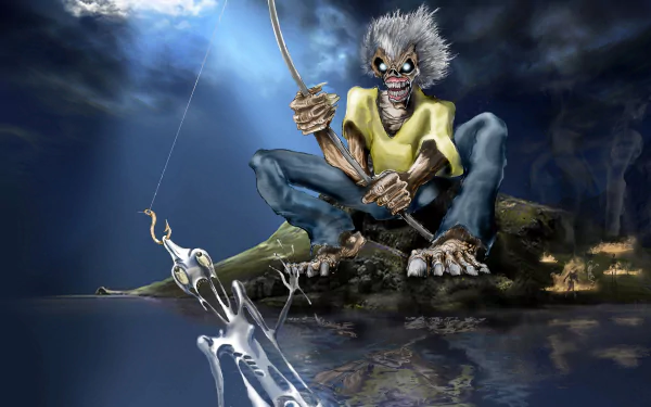 A striking Iron Maiden-themed 4K Ultra HD wallpaper featuring a fierce character fishing, set against a dramatic, dark background with ethereal lighting.