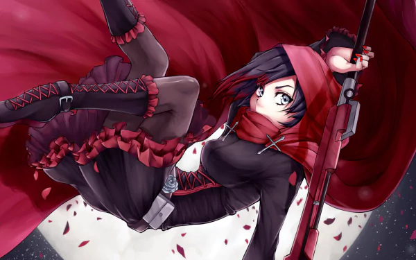 HD PC desktop wallpaper featuring Ruby Rose from the anime RWBY, showcasing her dynamic pose with her signature red cloak and weapon against a bold background.
