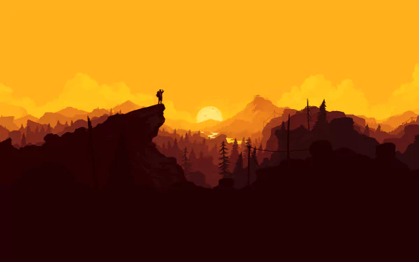 HD desktop wallpaper and background from the video game Firewatch, featuring a scenic view of a sunset over mountains and a lone figure standing on a cliff.