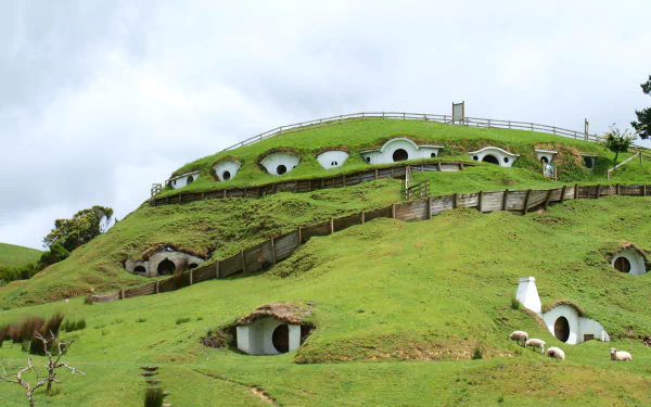 A HD PC desktop wallpaper featuring the man-made, picturesque hillside homes of Hobbiton with round doors and lush green landscapes under a cloudy sky.