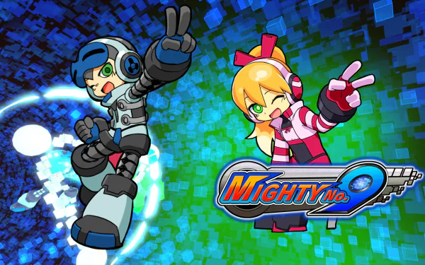 HD desktop wallpaper featuring characters from Mighty No. 9 against a digital blue background.