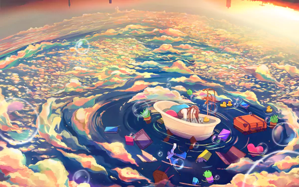 A serene anime scene featuring a bathtub floating amidst a sea of clouds, surrounded by colorful objects, creating a dreamy and whimsical atmosphere. HD desktop wallpaper background.