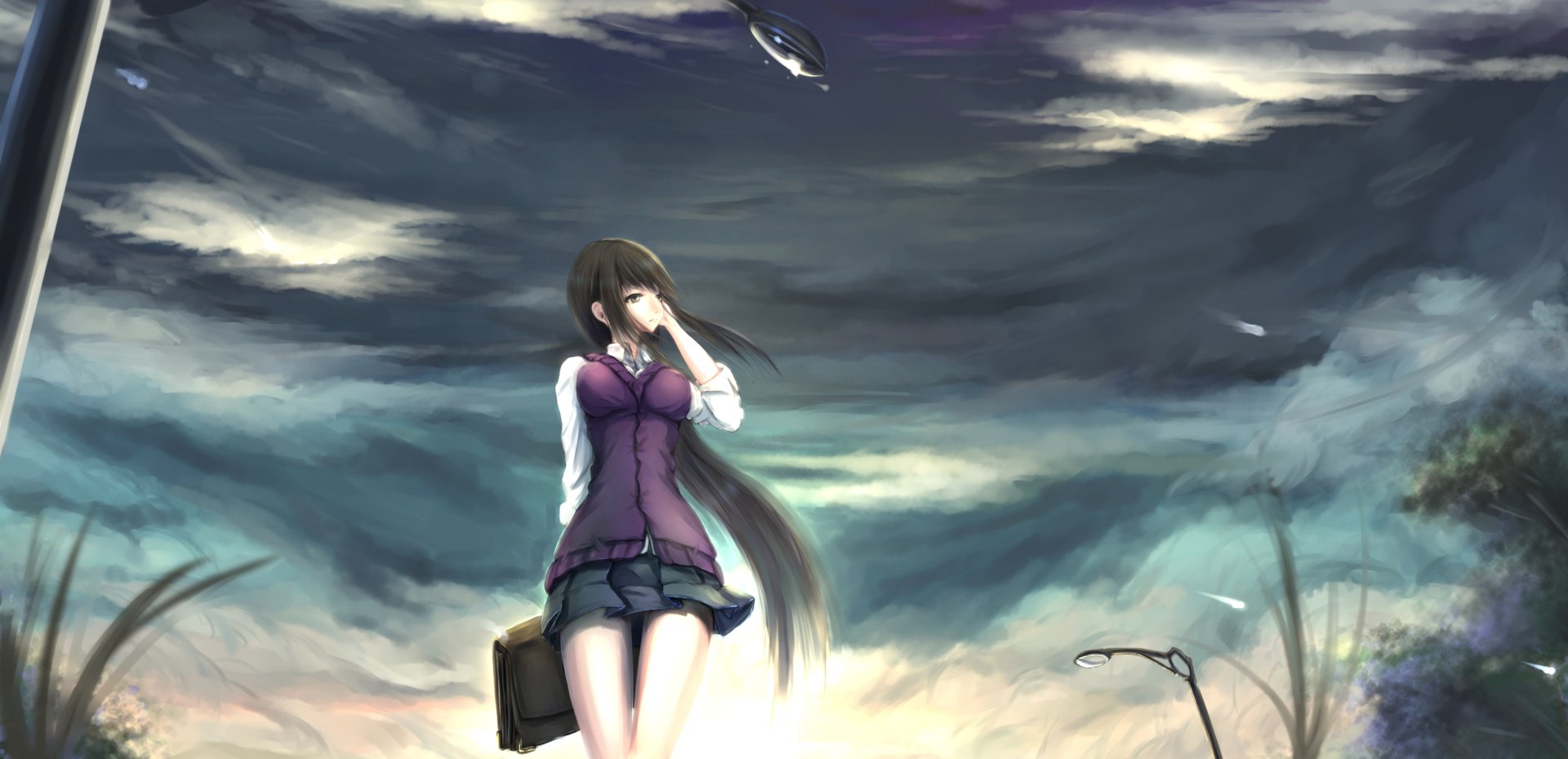 Anime-style original artwork of a girl standing under a dramatic cloudy sky, holding a briefcase, designed as an HD PC desktop wallpaper and background.