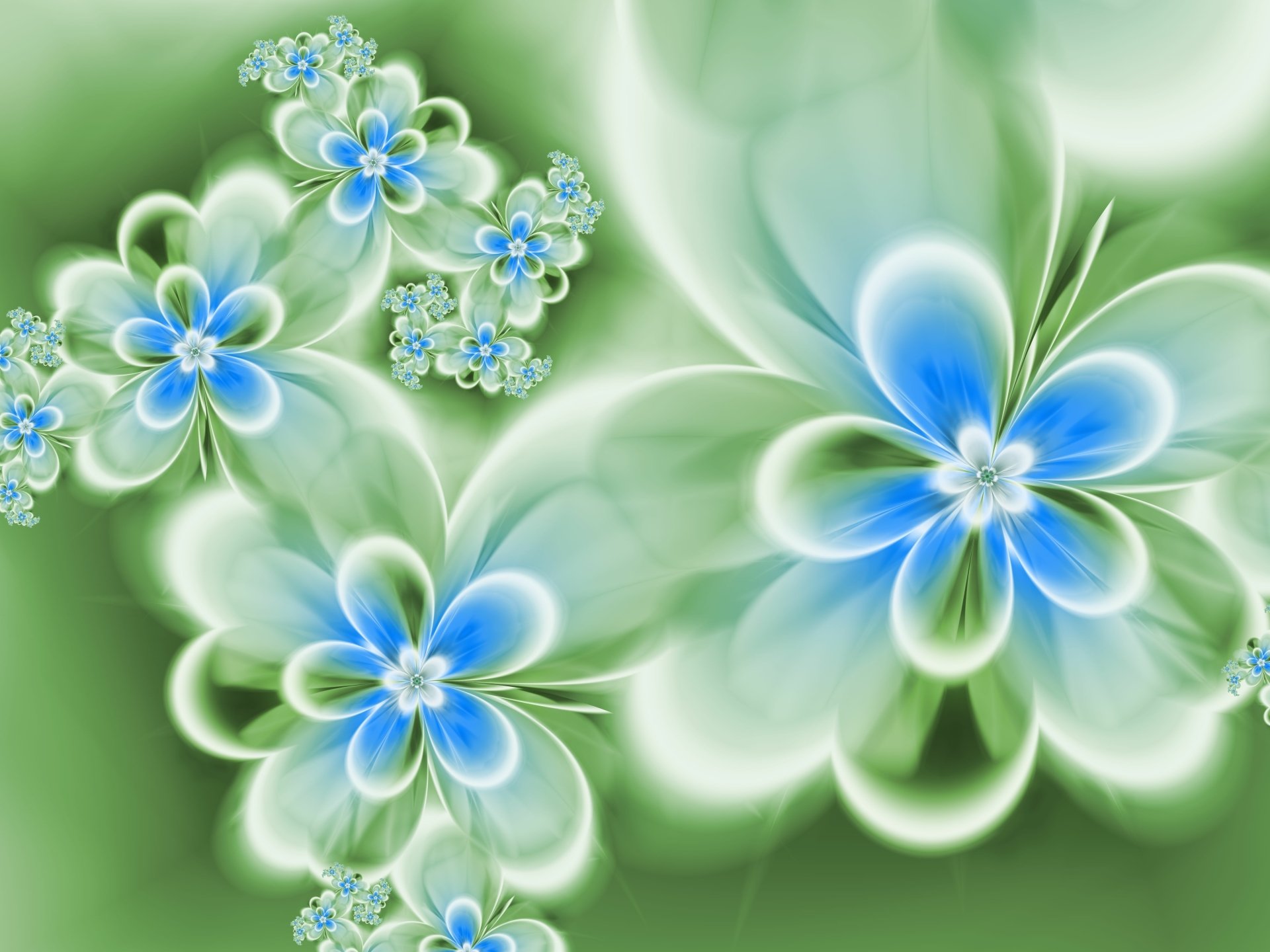 Artistic blue floral design with translucent petals and soft green bokeh, 5K Ultra HD PC desktop wallpaper and background.