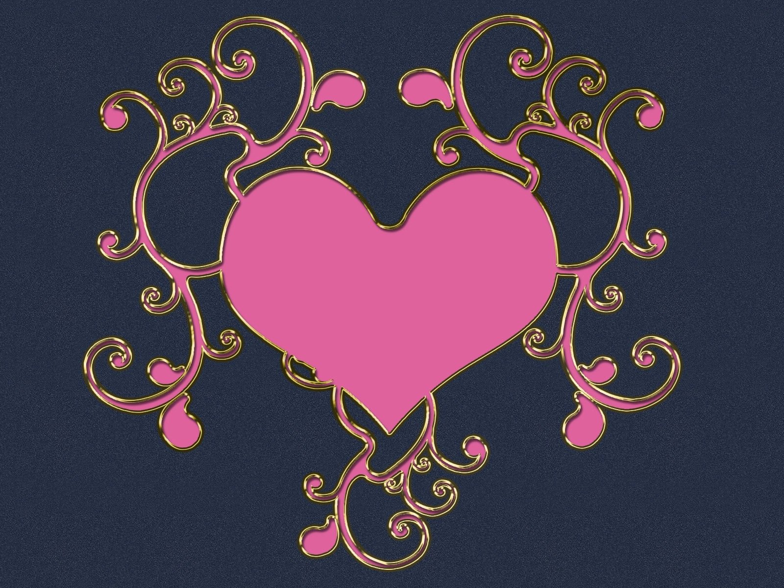 HD desktop wallpaper featuring a pink heart with ornate gold swirls on a dark background, blending artistic design with themes of love.