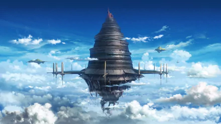 HD desktop wallpaper featuring the floating castle Aincrad from Sword Art Online anime, set against a vibrant blue sky with clouds.