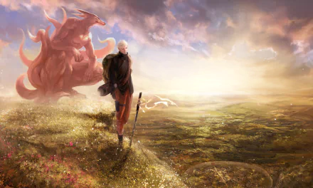 HD desktop wallpaper featuring Naruto Uzumaki from the anime Naruto, standing on a hill with Kyūbi in the background, overlooking a vast, sunlit landscape.