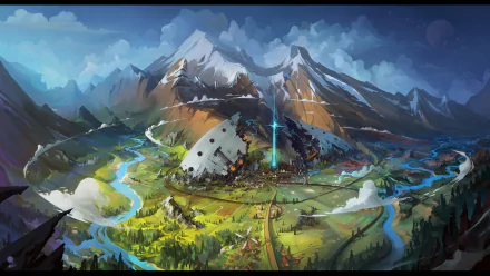 A vibrant fantasy landscape with towering snowy mountains, rivers winding through lush valleys, and a mysterious glowing sword embedded in a ruined structure, rendered in HD for PC desktop wallpaper.