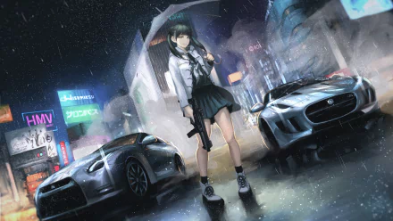 A vibrant anime original HD wallpaper depicting a girl in a school uniform holding a gun, flanked by sleek cars in a rainy, neon-lit urban setting.