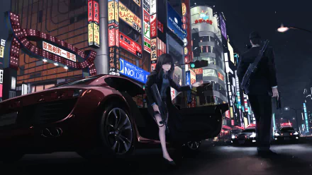 HD anime wallpaper depicting a city scene with neon lights. A woman with a pistol (Franchi SPAS-12) exits a car, while a man with a Steyr AUG walks away.