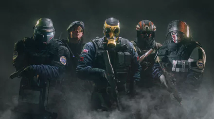 HD wallpaper featuring Montagne, Doc, Rook, Blackbeard, and Smoke from Tom Clancy's Rainbow Six: Siege, standing in tactical gear with a smoky background.
