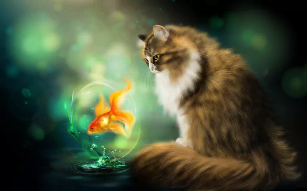 Artistic HD desktop wallpaper featuring a fluffy cat intently watching a glowing goldfish inside a water bubble, creating a magical, serene atmosphere.