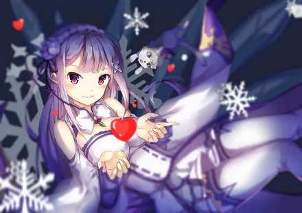 Emilia from Re:ZERO is depicted with a playful expression, surrounded by snowflakes and hearts, capturing the enchanting essence of the anime in this HD wallpaper.